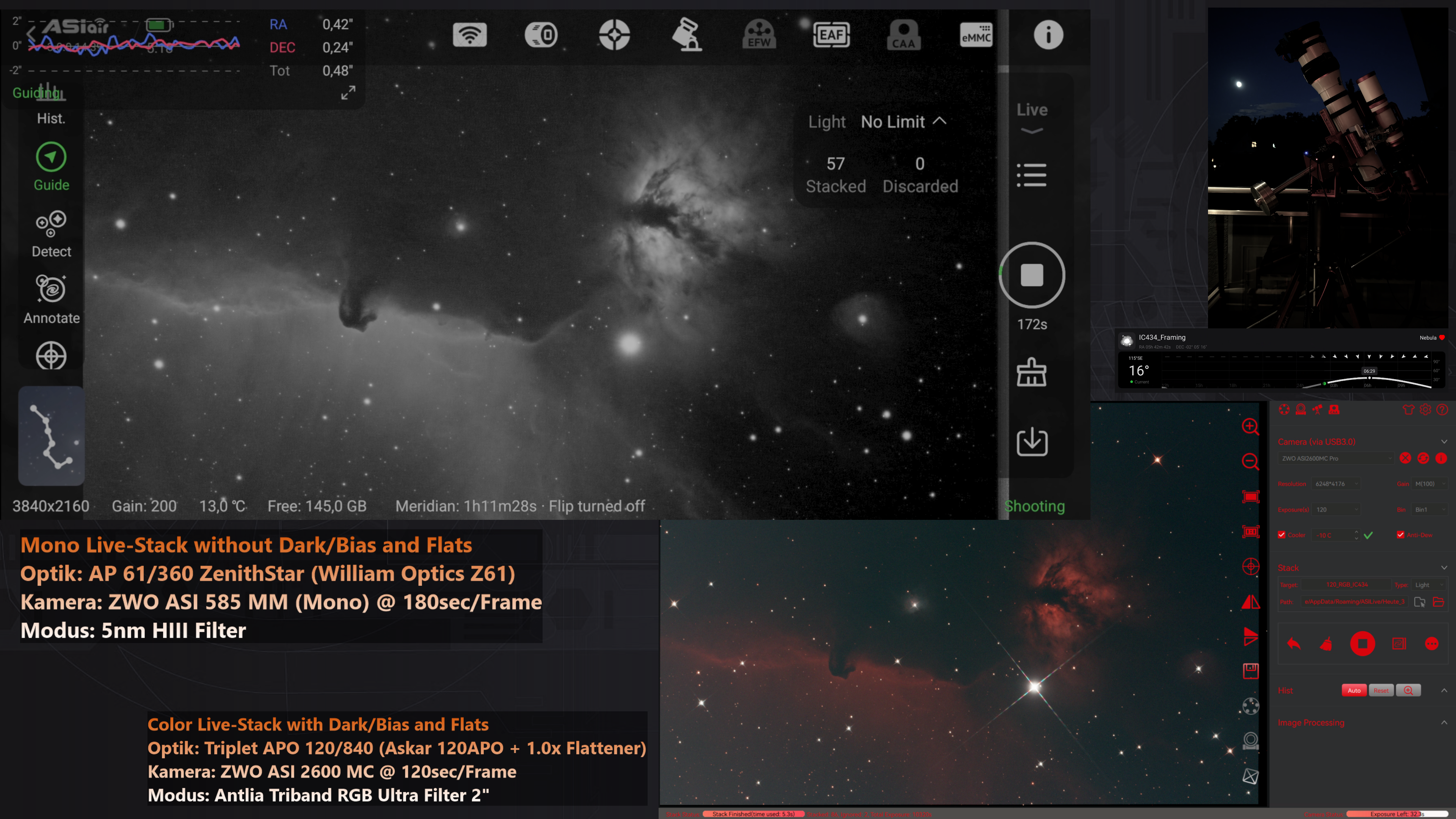 Livestream-Bild (OBS): Pferdekopfnebel, Mono in HII / Livestream image (OBS): Horsehead Nebula, mono in HII