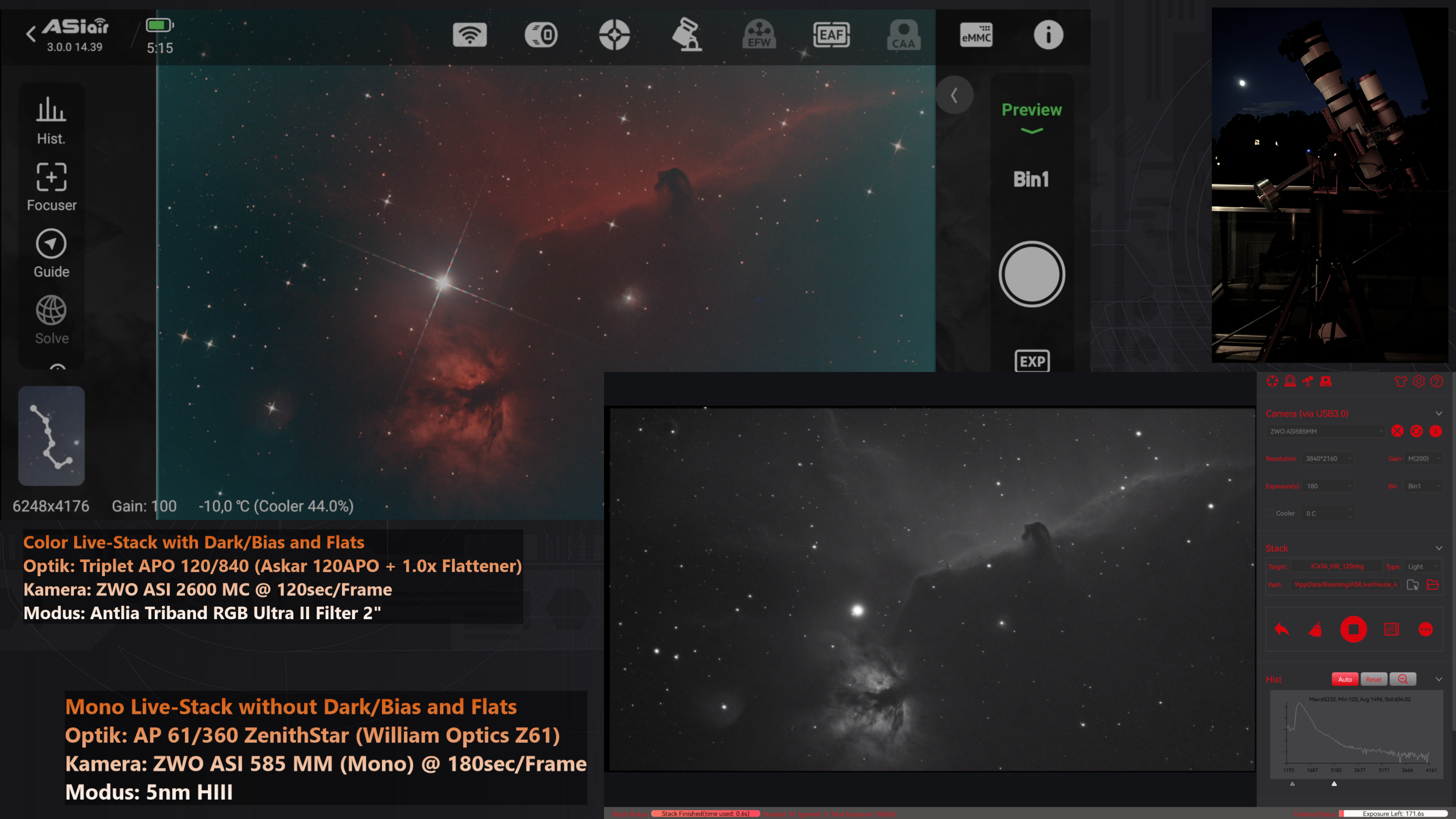 Livestream-Bild (OBS): Pferdekopf- und Flammennebel, Farbe / Livestream image (OBS): Horsehead and Flame Nebula, colour