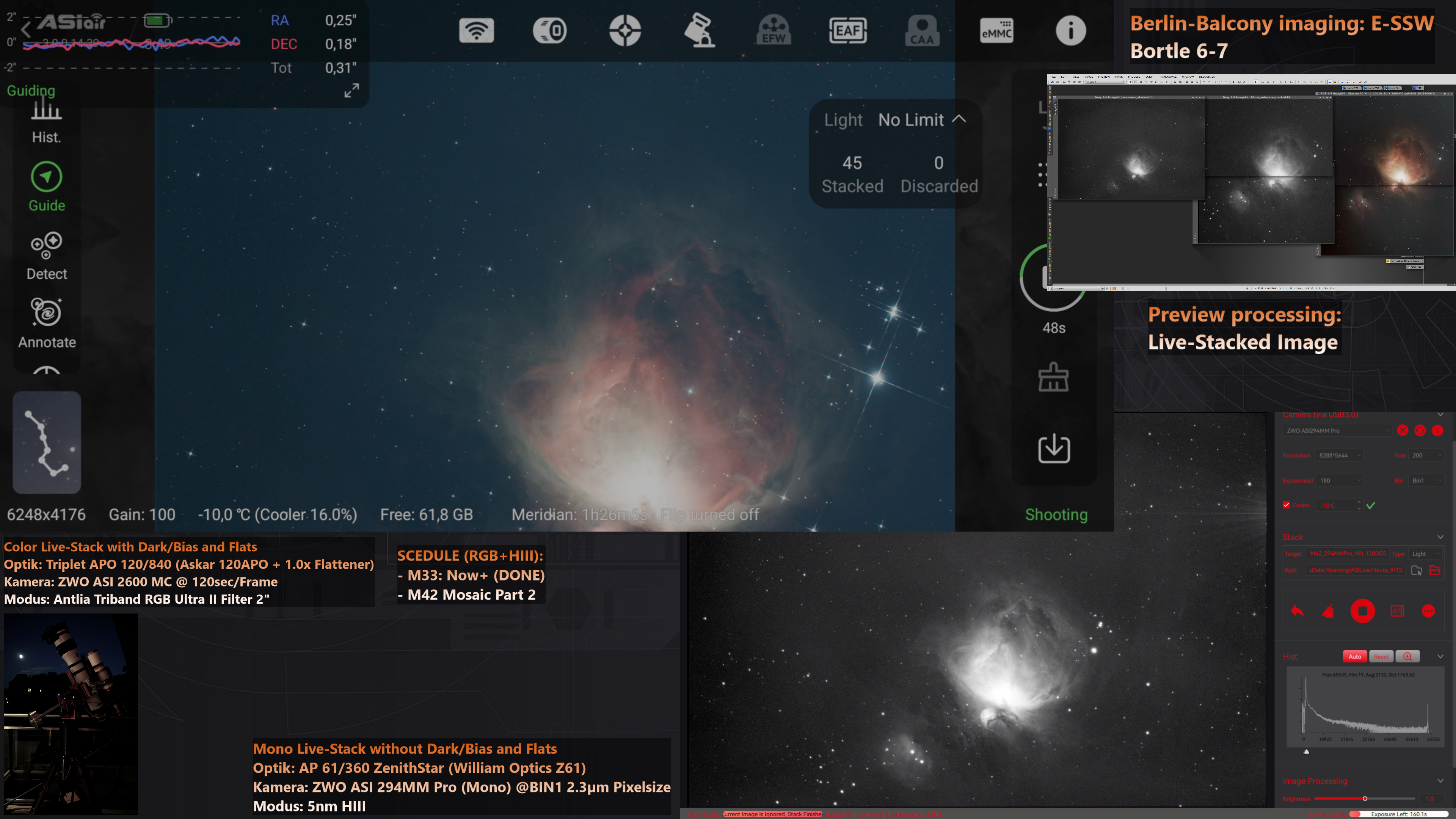 Livestream-Bild (OBS): Orionnebel M42 / Livestream image (OBS): Orion Nebula M42