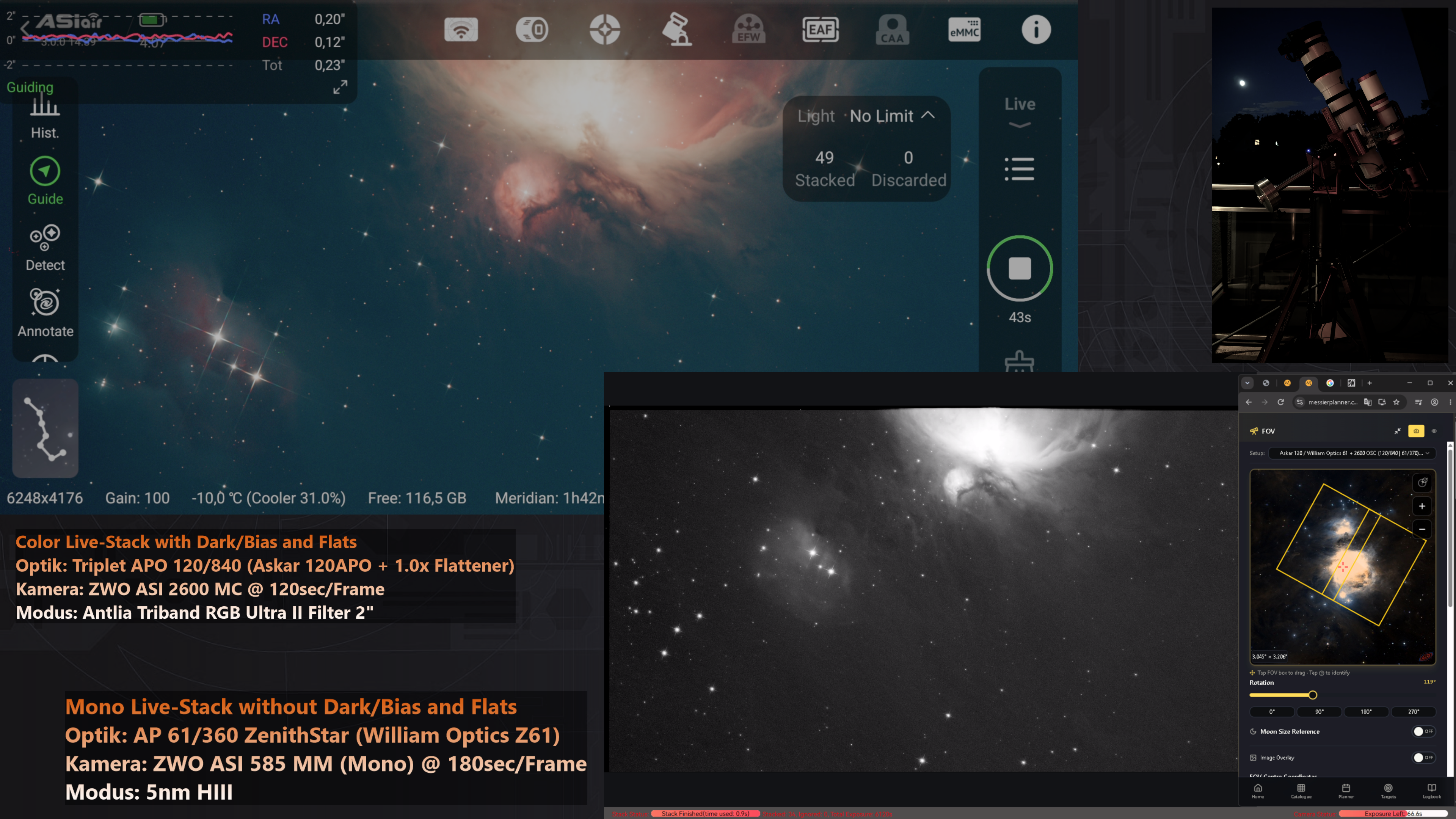 Livestream-Bild (OBS): M42-Mosaik, Teil 1 / Livestream image (OBS): M42 mosaic, part 1